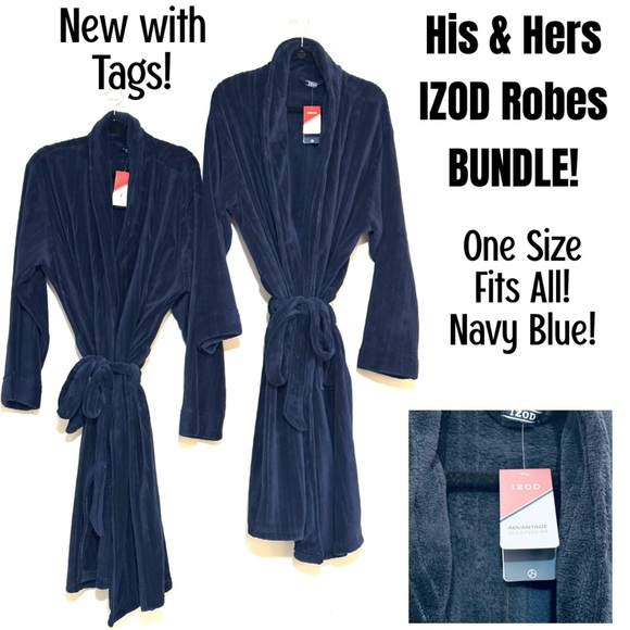 NEW WITH TAGS - Two (2) IZOD Navy His and Hers Robe Bundle! One Size Firs All! - Picture 1 of 1